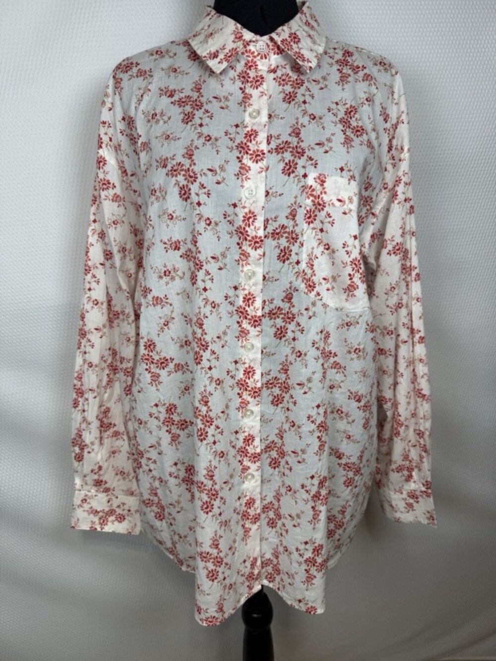 Covington Floral Button Up Shirt Women Large White Red Cotton Voile NWT
